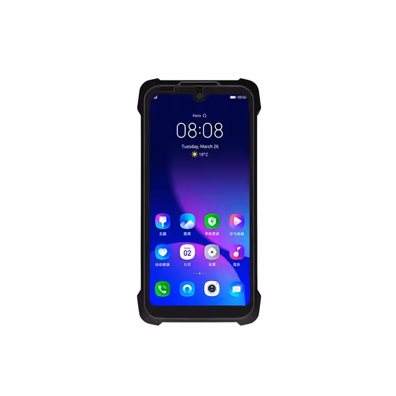 Rugged smartphone with a black protective case displaying the home screen with time, date, and app icons.